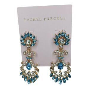 Rachel Parcell Blue Crystal Chandelier Statement Earrings Gold Tone NWT